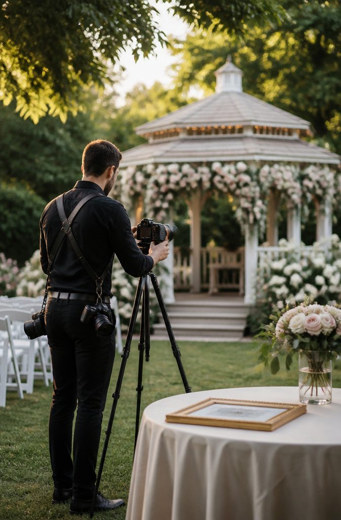 11 Questions to Ask Your Wedding Photographer in 2026 7 A photographer beside wedding decor in a garden setting.
