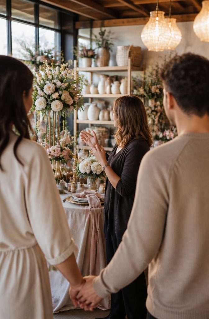 11 Questions to Ask Your Wedding Photographer in 2026 12 A photographer converses with a florist in a decorated reception space.