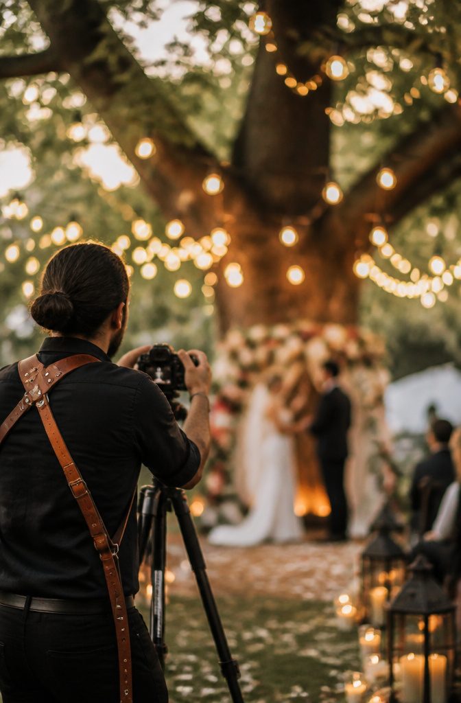 11 Questions to Ask Your Wedding Photographer in 2026 3 A photographer with a vintage camera at a wedding ceremony.