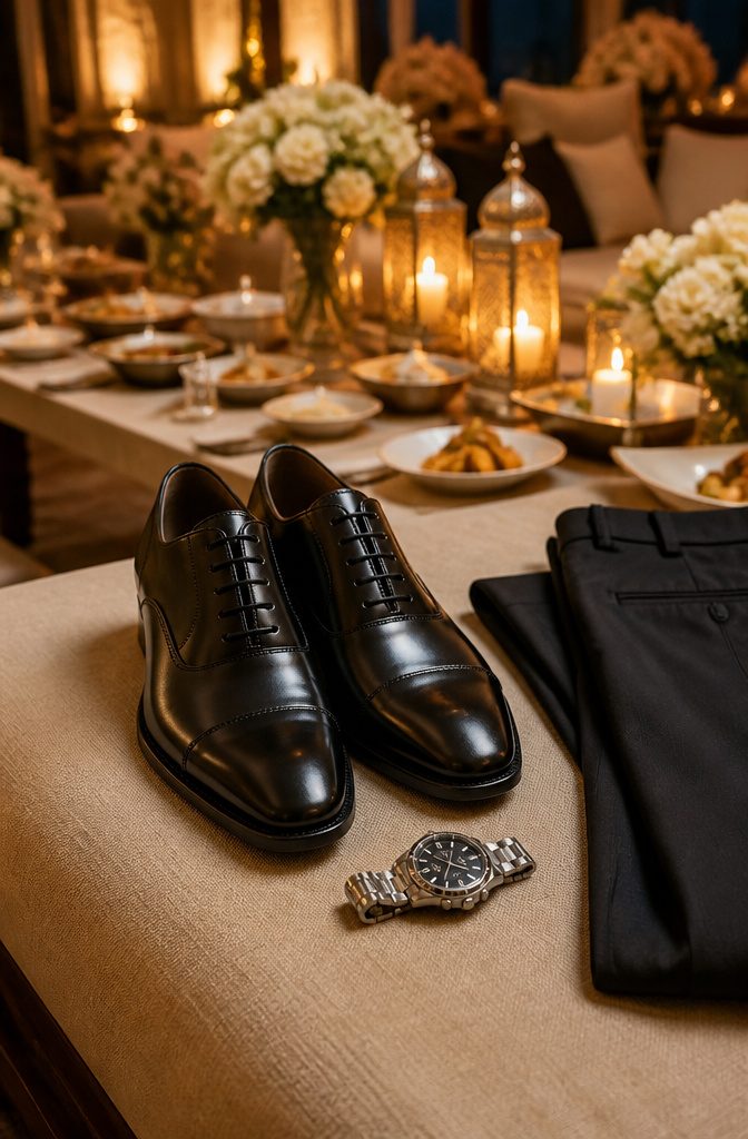 What to Wear at a Muslim Wedding: A Complete Guest Guide 8 A pair of polished black dress shoes next to tailored trousers.