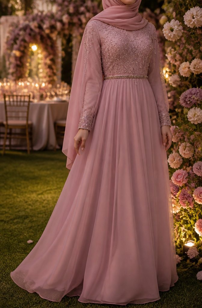 What to Wear at a Muslim Wedding: A Complete Guest Guide 2 A photograph of a woman in a flowy dress at a Muslim wedding.