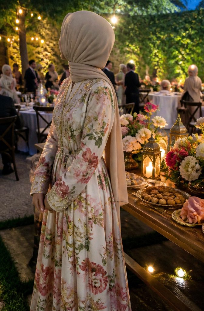 What to Wear at a Muslim Wedding: A Complete Guest Guide 10 A woman in a floral gown at a lively outdoor wedding reception.