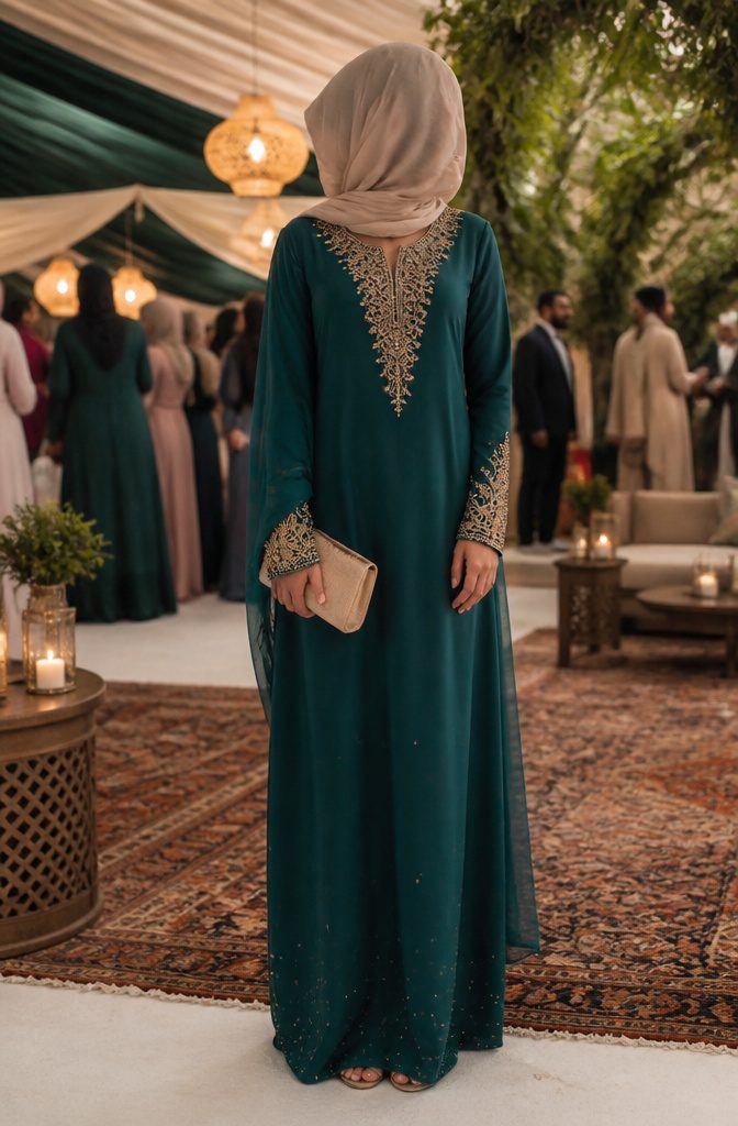 What to Wear at a Muslim Wedding: A Complete Guest Guide 4 A model in a long-sleeved maxi dress with intricate embroidery.