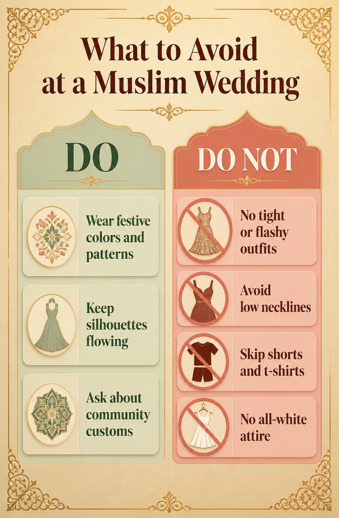 What to Wear at a Muslim Wedding: A Complete Guest Guide 9 An information image detailing what to avoid at a Muslim wedding.