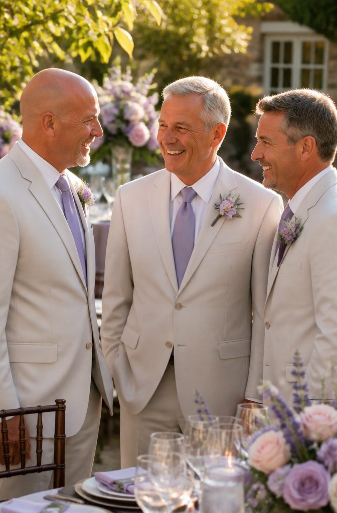 Close male family members with lavender boutonnieres at a wedding reception.
