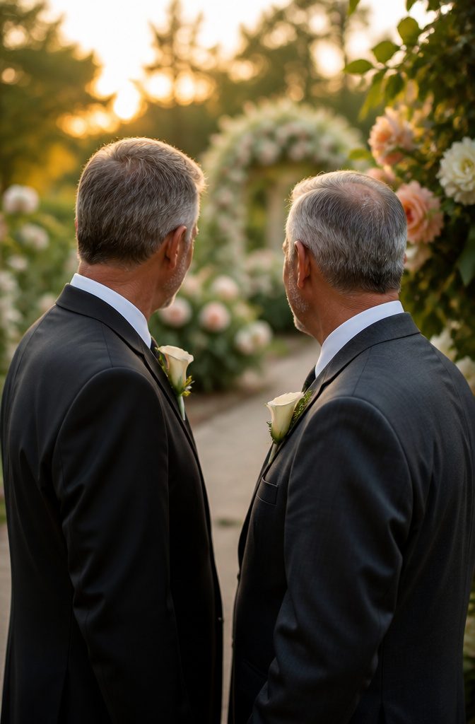 Fathers of the bride and groom with white calla lily boutonnieres.