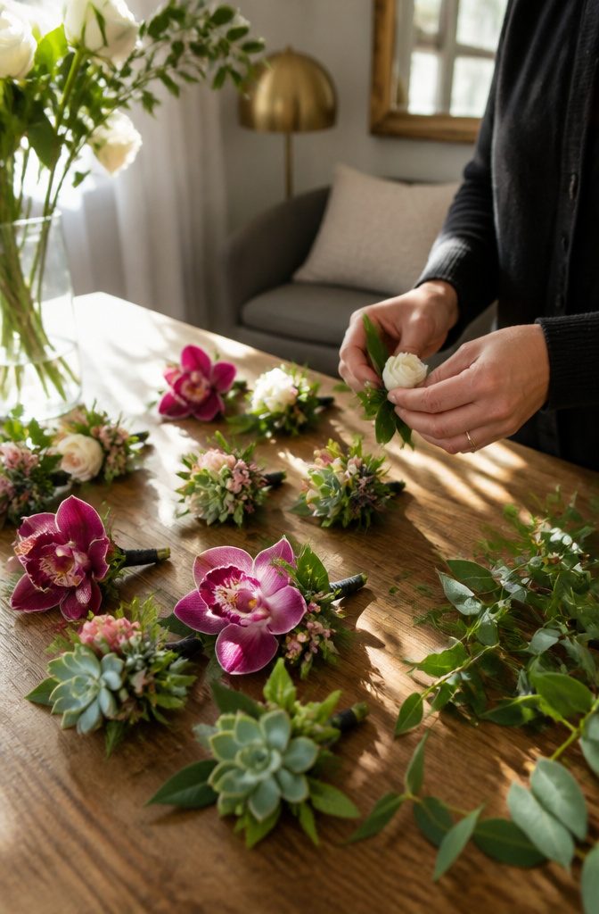 A selection of hardy flowers for boutonnieres on a table.
