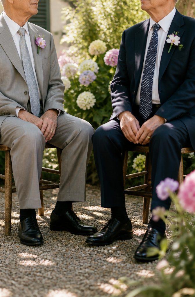 Grandfathers wearing orchid boutonnieres in a garden setting.