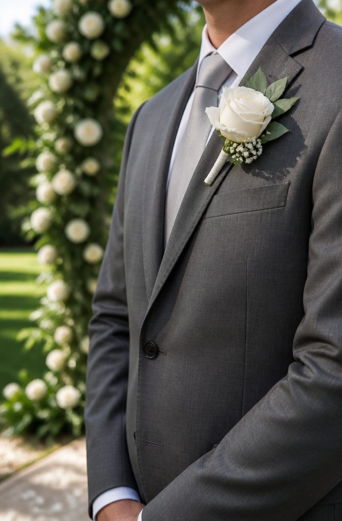 A groom's boutonniere on his suit lapel.