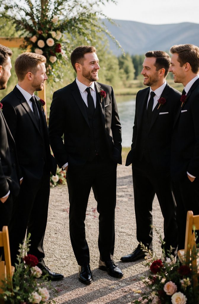 Groomsmen wearing matching burgundy ranunculus boutonnieres.