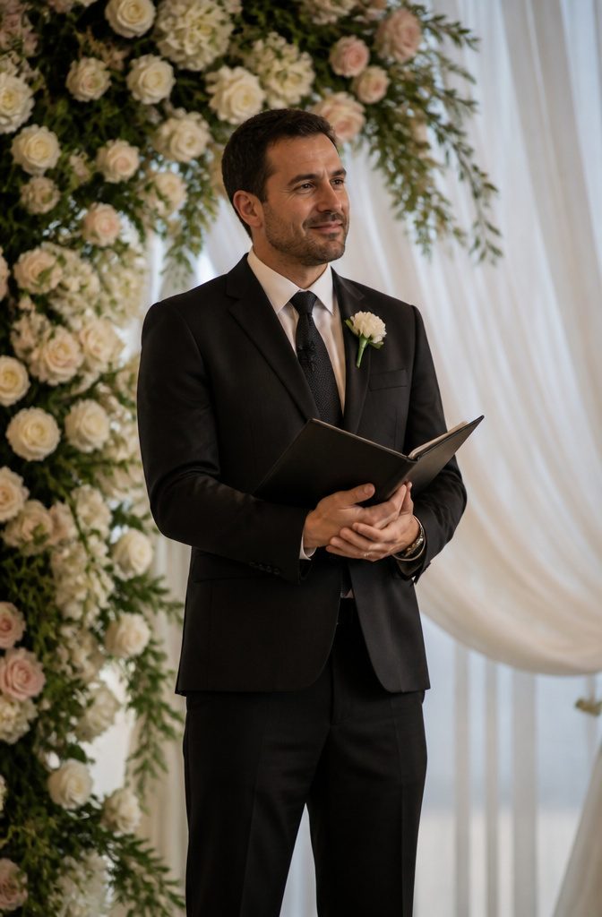 An officiant wearing a white carnation boutonniere.