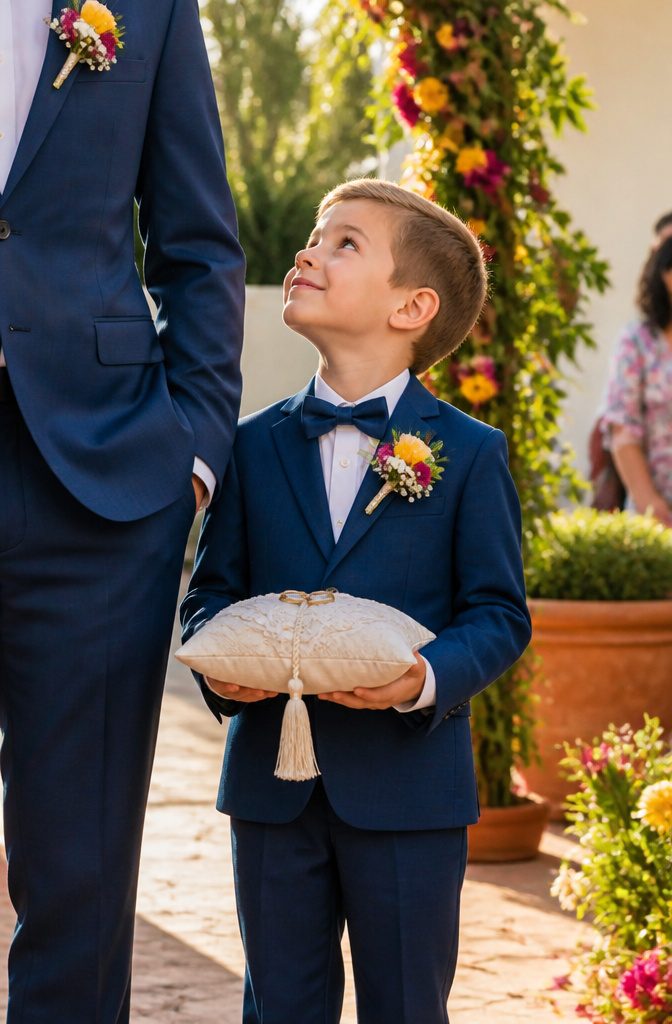 A young ring bearer with a daisy boutonniere.