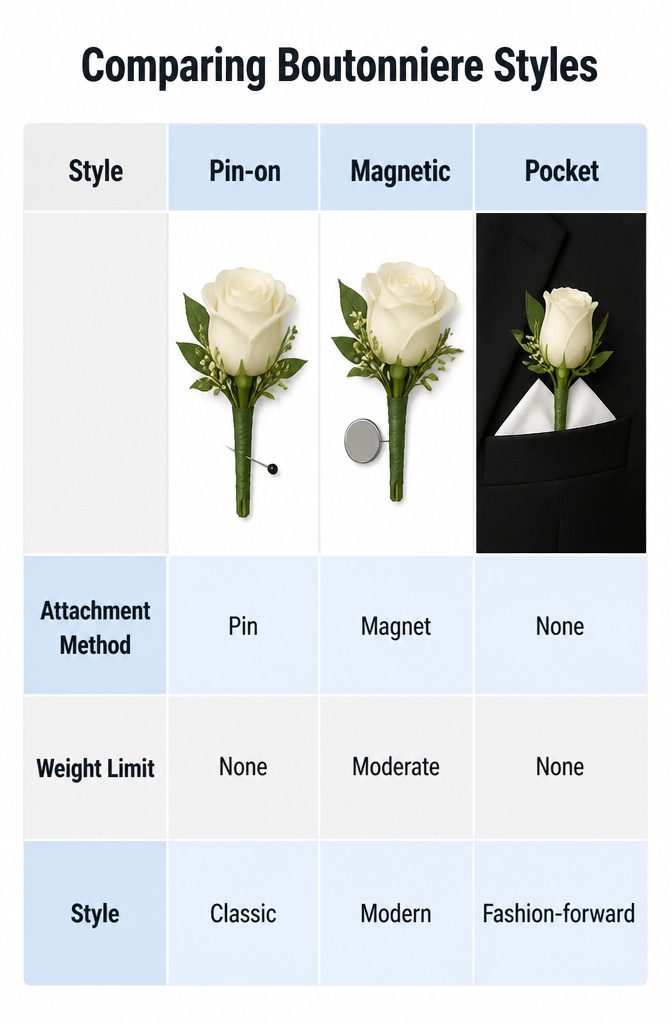 A comparison of different boutonniere styles.