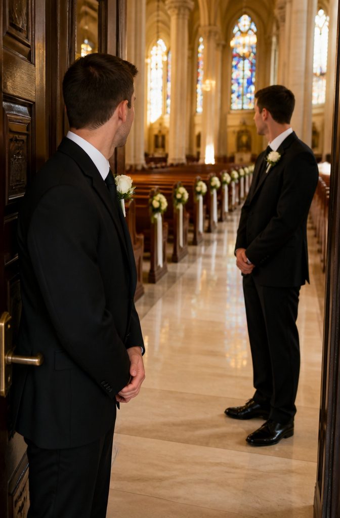 Ushers in dark suits with white spray rose boutonnieres.
