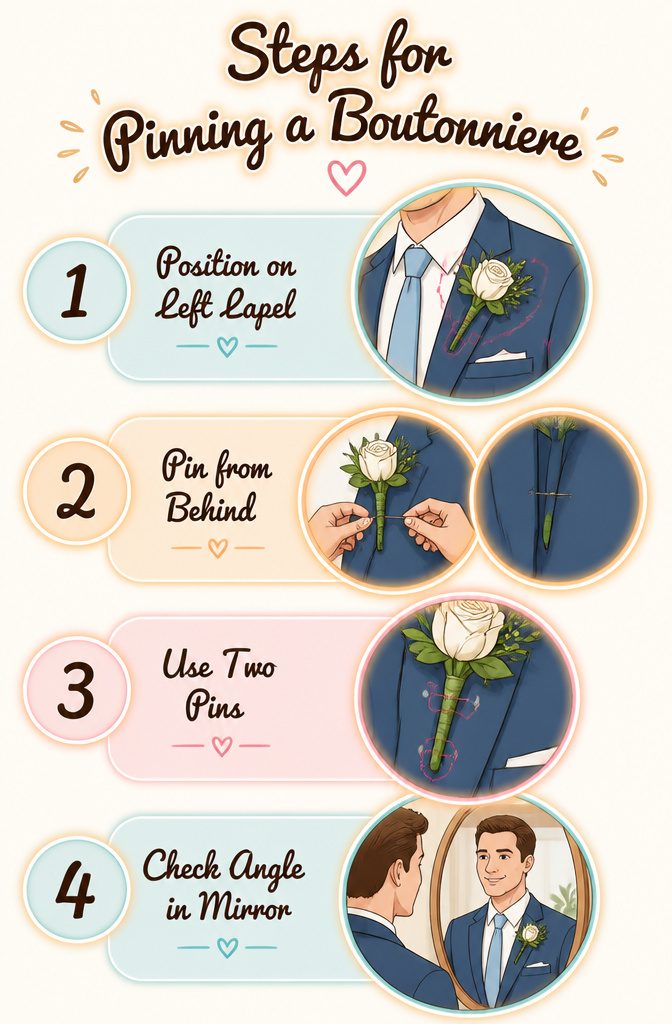 Steps for properly pinning a boutonniere.